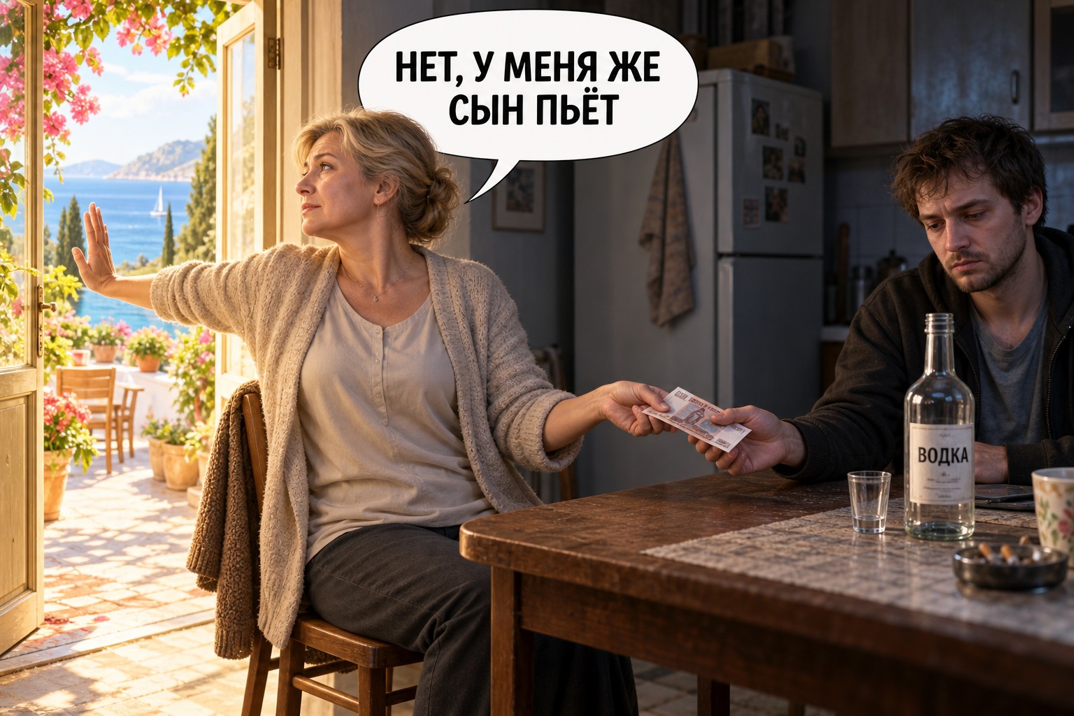 Мать отказывается от отдыха и передаёт деньги взрослому сыну, сидящему за столом с бутылкой водки.
